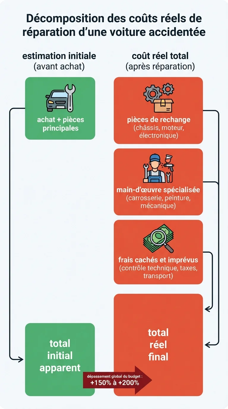 Décomposition des coûts réels de réparation d'une voiture accidentée