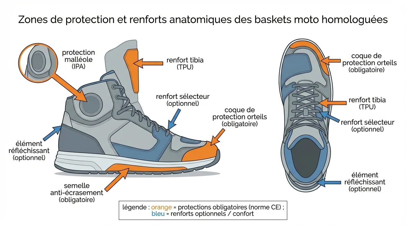 Zones de protection et renforts anatomiques des baskets moto homologuées